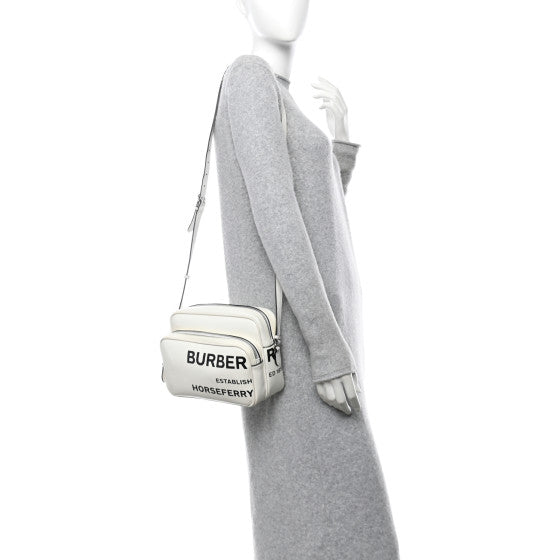 BURBERRY 
Coated Canvas Horseferry Print Medium Camera Bag White