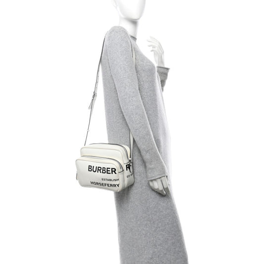 BURBERRY 
Coated Canvas Horseferry Print Medium Camera Bag White