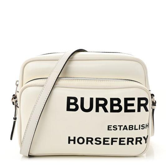BURBERRY 
Coated Canvas Horseferry Print Medium Camera Bag White